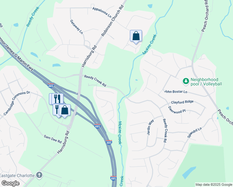 map of restaurants, bars, coffee shops, grocery stores, and more near 7608 Nicolette Court in Charlotte