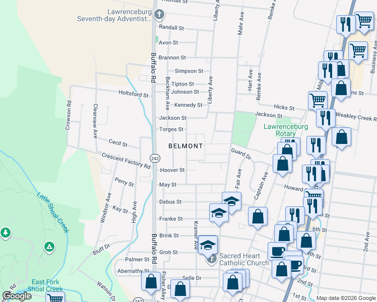 map of restaurants, bars, coffee shops, grocery stores, and more near 309 Clayton Street in Lawrenceburg