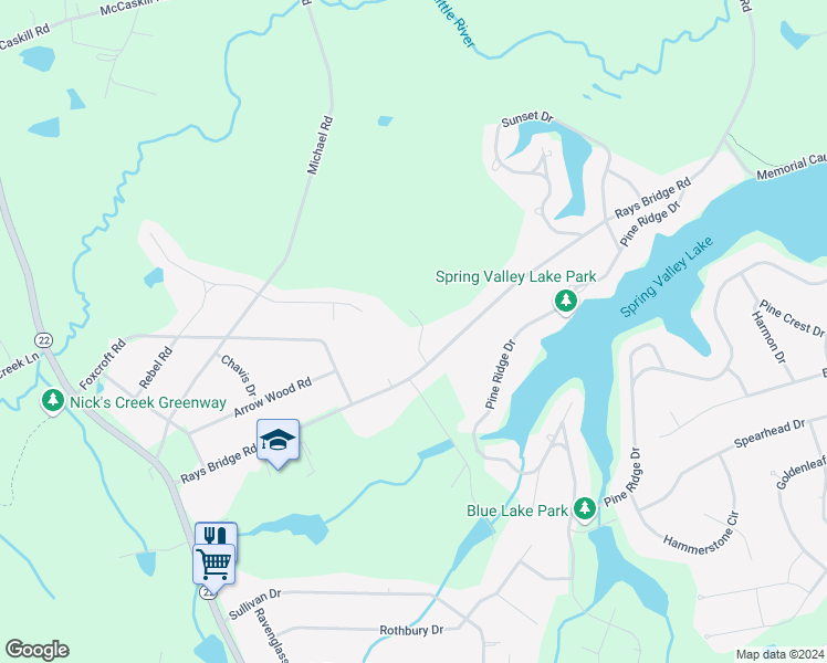 map of restaurants, bars, coffee shops, grocery stores, and more near 147 Liane Lane in Whispering Pines