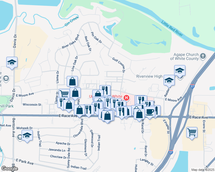 map of restaurants, bars, coffee shops, grocery stores, and more near 2910 East Moore Avenue in Searcy