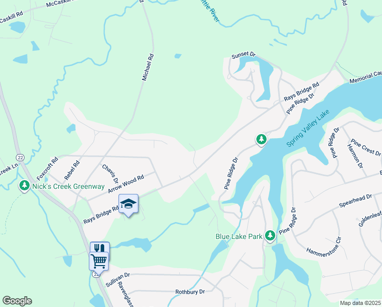 map of restaurants, bars, coffee shops, grocery stores, and more near 147 Liane Lane in Whispering Pines