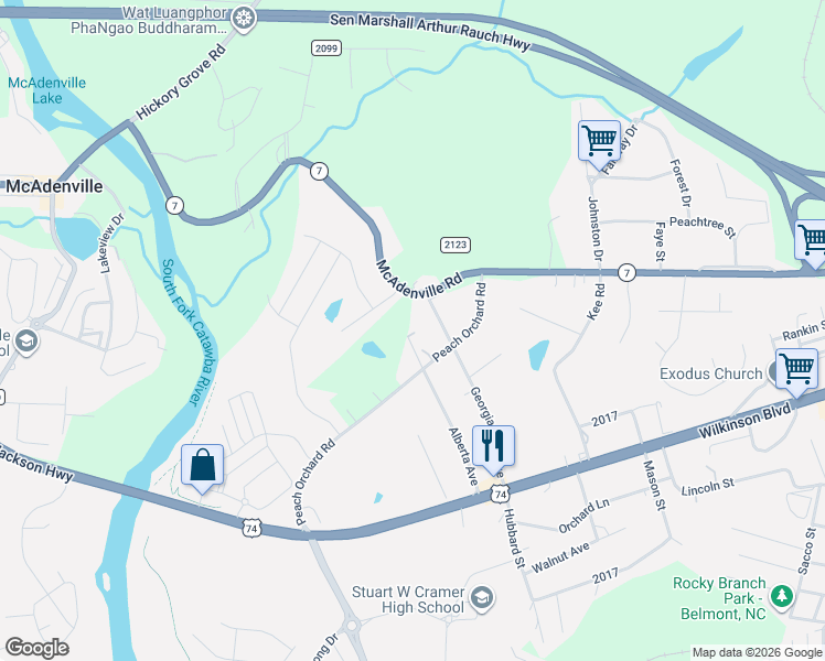 map of restaurants, bars, coffee shops, grocery stores, and more near 208 Peach Orchard Road in Belmont