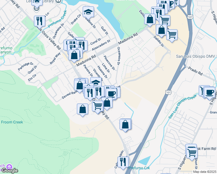 map of restaurants, bars, coffee shops, grocery stores, and more near 1965 Huasna Drive in San Luis Obispo