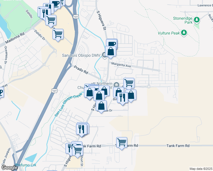 map of restaurants, bars, coffee shops, grocery stores, and more near 145 Prado Road in San Luis Obispo