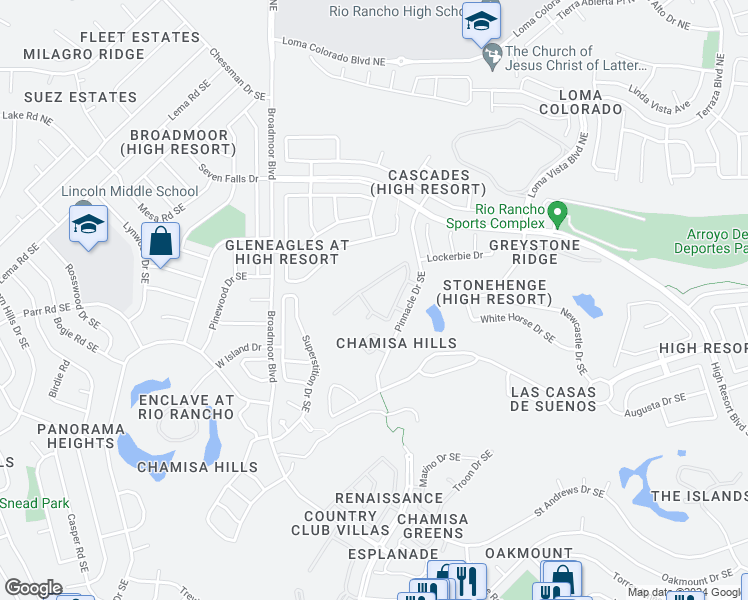 map of restaurants, bars, coffee shops, grocery stores, and more near 201 Pinnacle Drive Southeast in Rio Rancho