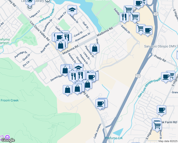 map of restaurants, bars, coffee shops, grocery stores, and more near 1965 Huasna Drive in San Luis Obispo