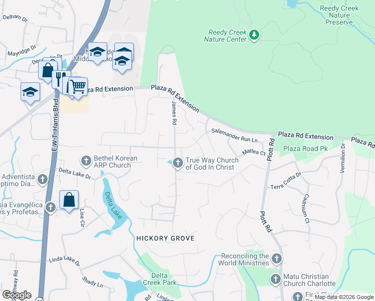 map of restaurants, bars, coffee shops, grocery stores, and more near 2835 James Road in Charlotte