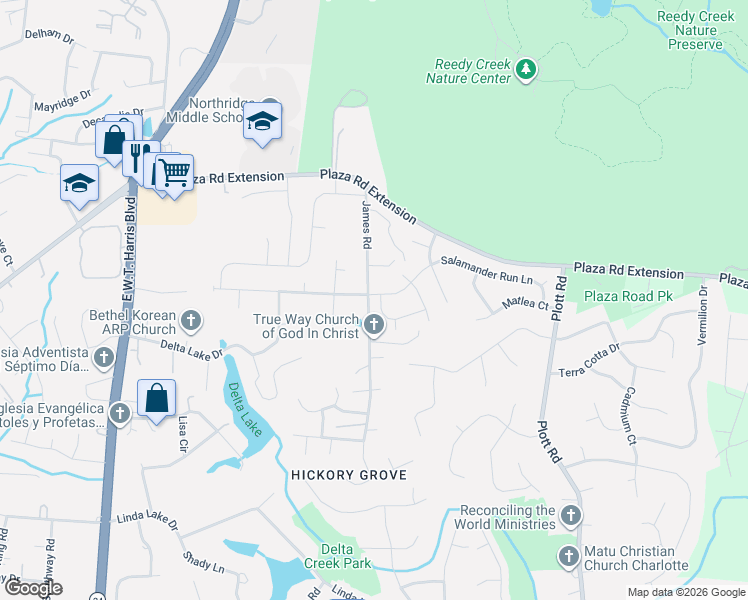 map of restaurants, bars, coffee shops, grocery stores, and more near 2835 James Road in Charlotte