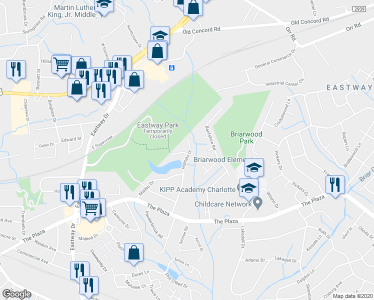 map of restaurants, bars, coffee shops, grocery stores, and more near 5009 Lakecrest Drive in Charlotte