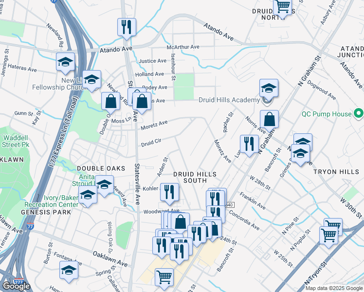 map of restaurants, bars, coffee shops, grocery stores, and more near 2404 Edison Street in Charlotte