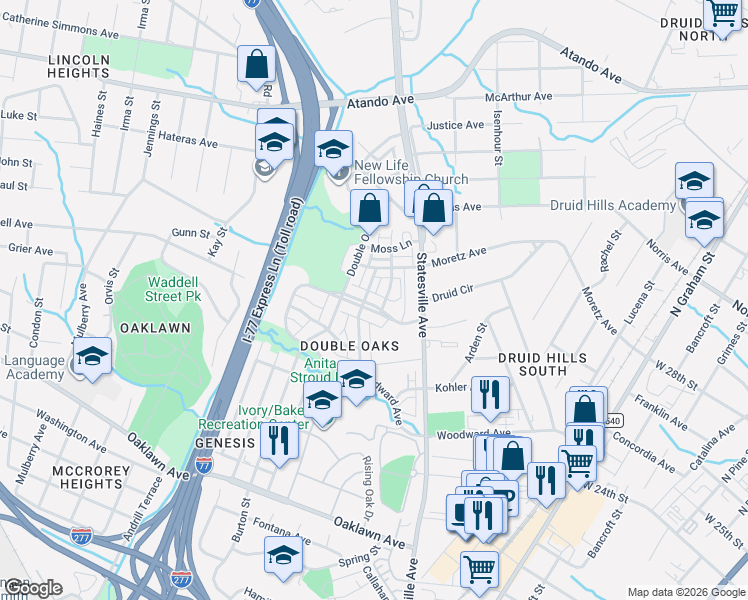 map of restaurants, bars, coffee shops, grocery stores, and more near in Charlotte