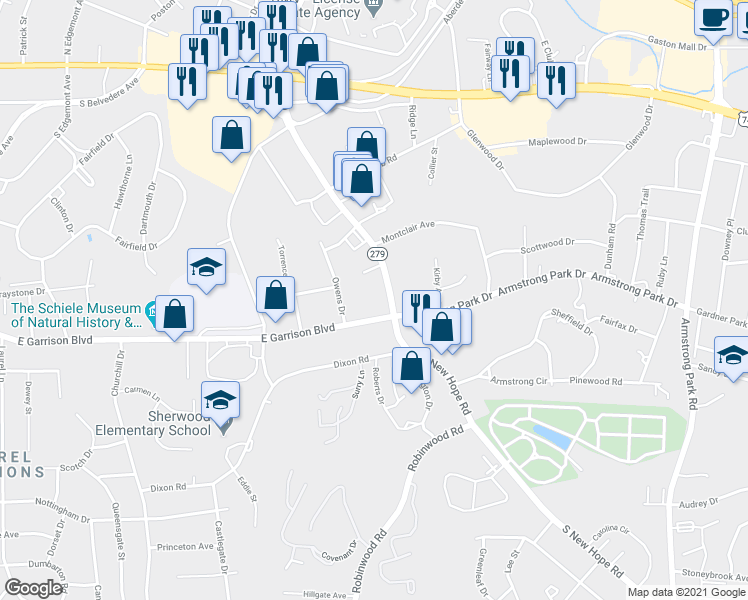 map of restaurants, bars, coffee shops, grocery stores, and more near 711 South New Hope Road in Gastonia