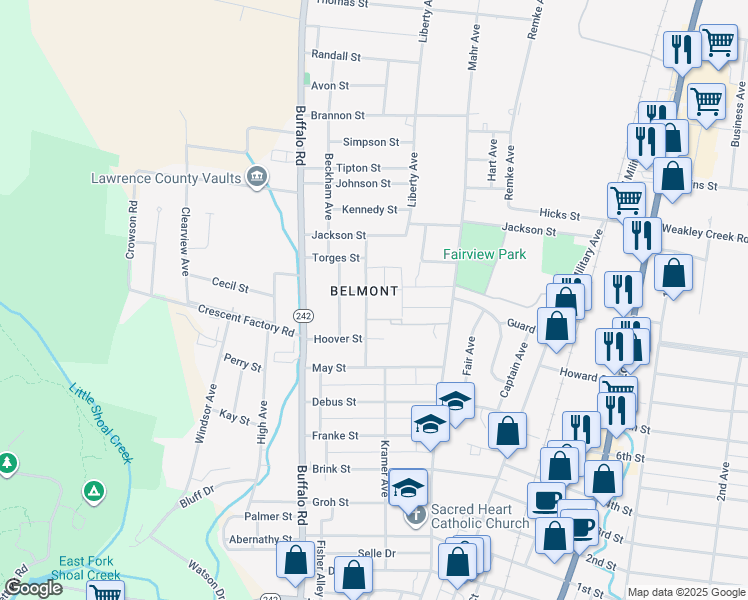 map of restaurants, bars, coffee shops, grocery stores, and more near 309 Clayton Street in Lawrenceburg