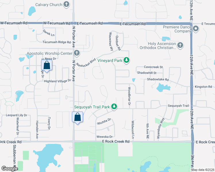 map of restaurants, bars, coffee shops, grocery stores, and more near 2924 Woodcrest Creek Drive in Norman