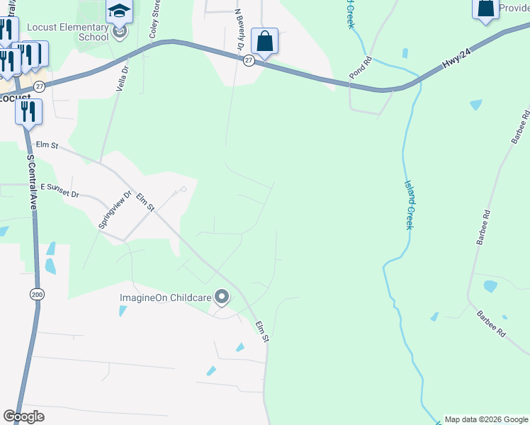 map of restaurants, bars, coffee shops, grocery stores, and more near 707 Elm Street in Locust
