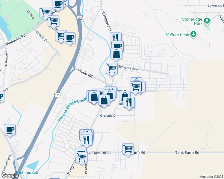 map of restaurants, bars, coffee shops, grocery stores, and more near 145 Prado Road in San Luis Obispo