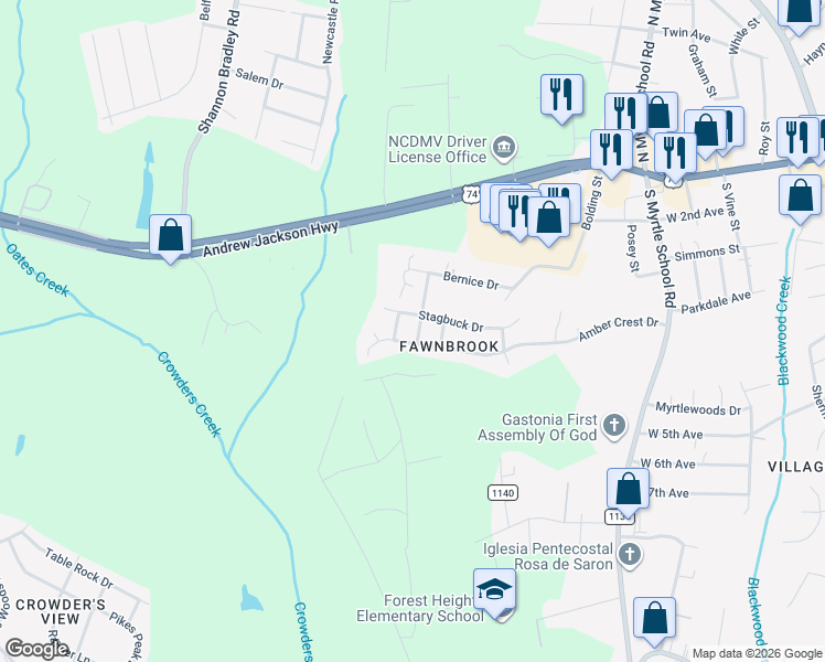 map of restaurants, bars, coffee shops, grocery stores, and more near 406 Elkhorn Lane in Gastonia