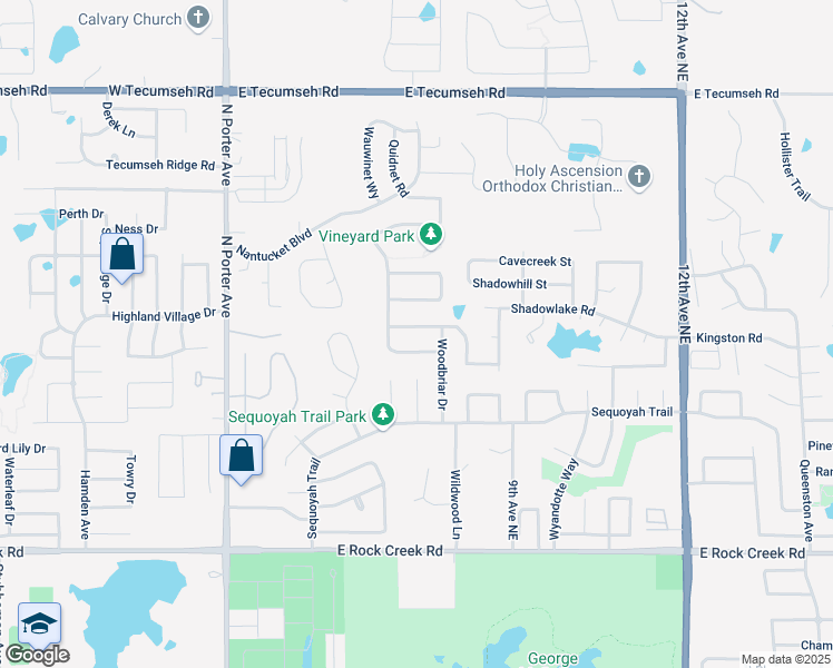 map of restaurants, bars, coffee shops, grocery stores, and more near 504 Leaning Elm Drive in Norman