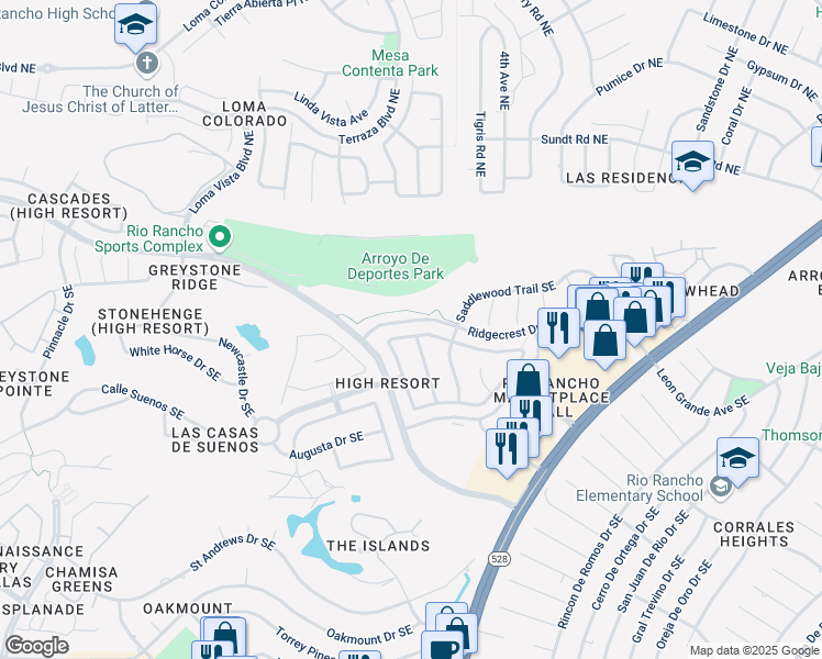 map of restaurants, bars, coffee shops, grocery stores, and more near 4005 Foxwood Trail Southeast in Rio Rancho