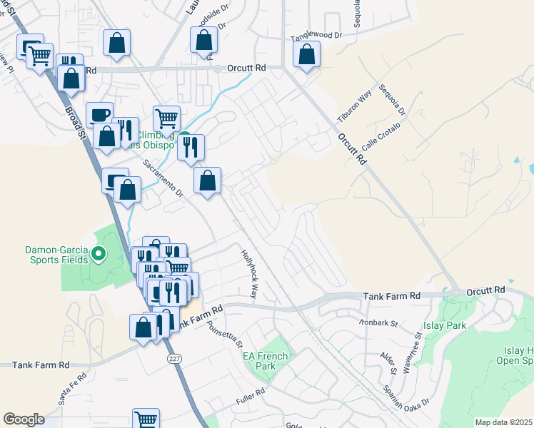 map of restaurants, bars, coffee shops, grocery stores, and more near 3944 Kilbern Way in San Luis Obispo
