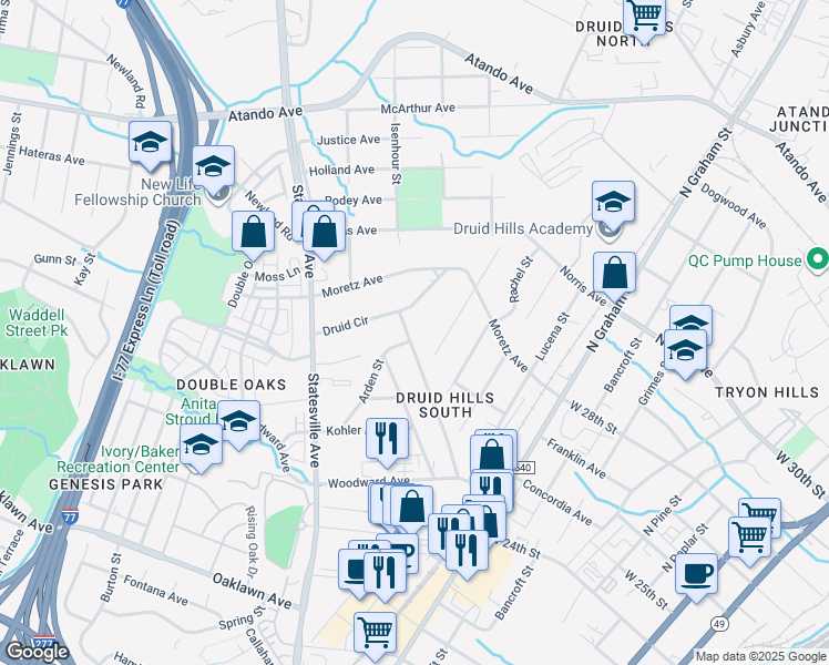 map of restaurants, bars, coffee shops, grocery stores, and more near 2404 Edison Street in Charlotte