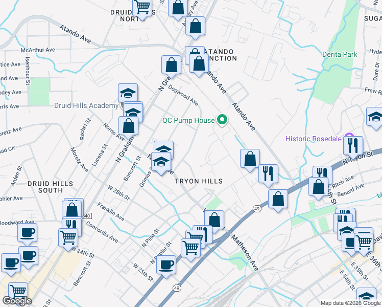 map of restaurants, bars, coffee shops, grocery stores, and more near 2806 Dogwood Avenue in Charlotte