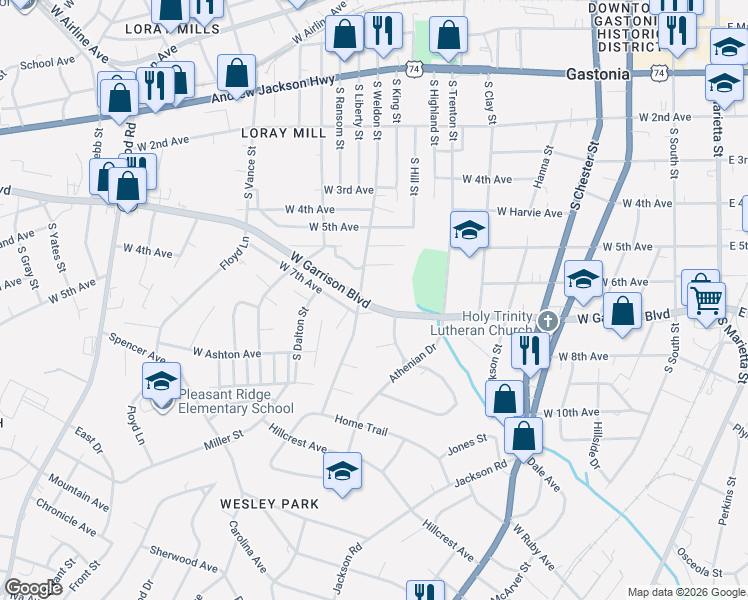map of restaurants, bars, coffee shops, grocery stores, and more near 924 West Garrison Boulevard in Gastonia