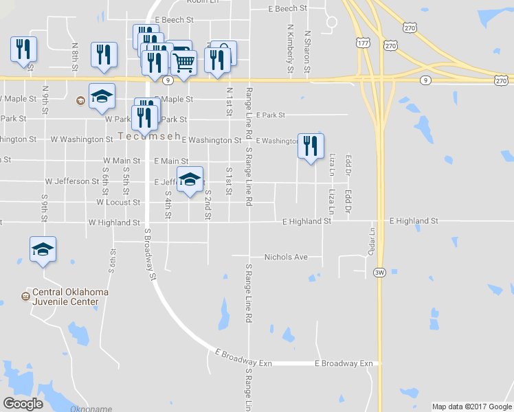 map of restaurants, bars, coffee shops, grocery stores, and more near 604 East Locust Street in Tecumseh