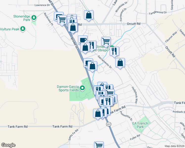 map of restaurants, bars, coffee shops, grocery stores, and more near 3596 Broad Street in San Luis Obispo