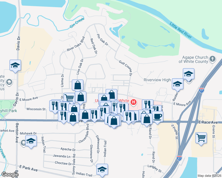 map of restaurants, bars, coffee shops, grocery stores, and more near 48 River Oaks Trace in Searcy