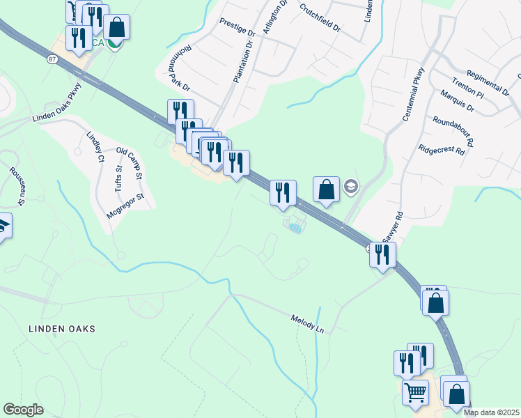 map of restaurants, bars, coffee shops, grocery stores, and more near 163 Brandywood Court in Cameron