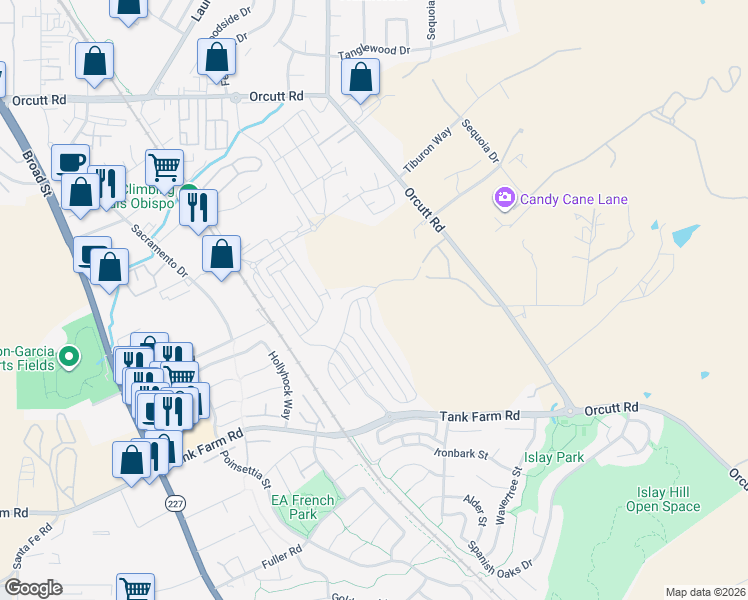 map of restaurants, bars, coffee shops, grocery stores, and more near 4008 Hillside Drive in San Luis Obispo