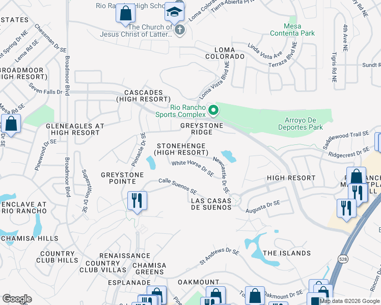 map of restaurants, bars, coffee shops, grocery stores, and more near 3509 Newcastle Drive Southeast in Rio Rancho