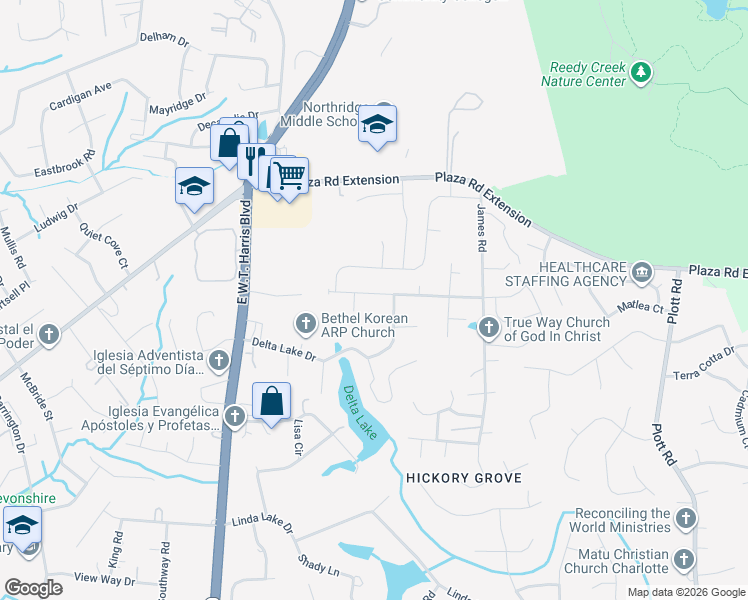 map of restaurants, bars, coffee shops, grocery stores, and more near 8302 Rockmoor Ridge Road in Charlotte