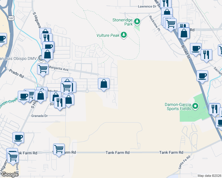 map of restaurants, bars, coffee shops, grocery stores, and more near 471 Junipero Way in San Luis Obispo
