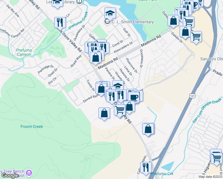 map of restaurants, bars, coffee shops, grocery stores, and more near 11860 Los Osos Valley Road in San Luis Obispo