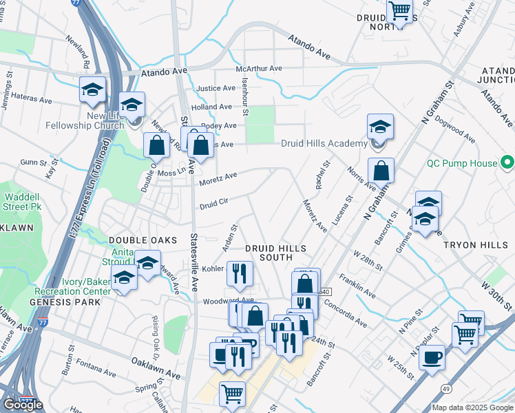 map of restaurants, bars, coffee shops, grocery stores, and more near 2404 Edison Street in Charlotte