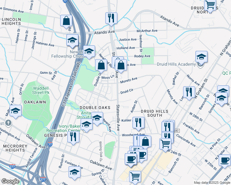 map of restaurants, bars, coffee shops, grocery stores, and more near 2435 Statesville Avenue in Charlotte