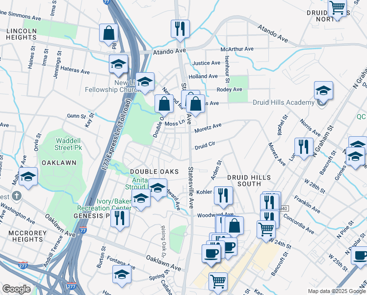 map of restaurants, bars, coffee shops, grocery stores, and more near 2435 Statesville Avenue in Charlotte