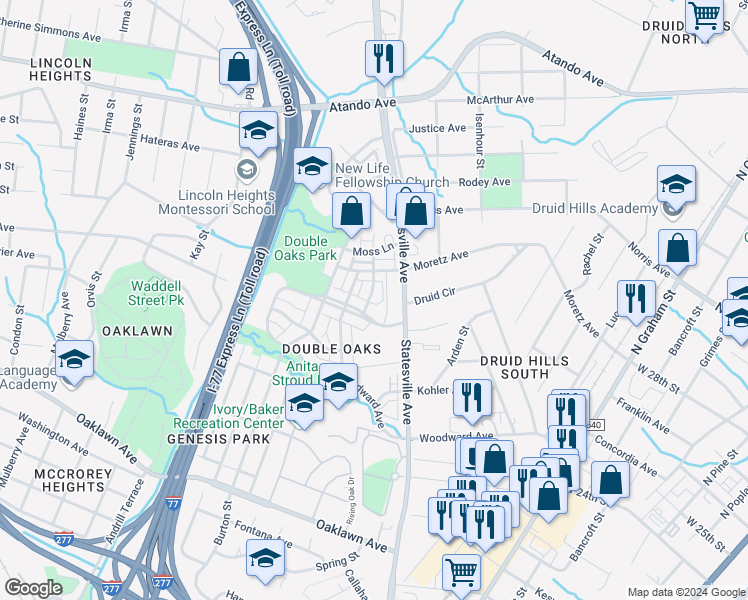 map of restaurants, bars, coffee shops, grocery stores, and more near 3318 Bending Birch Place in Charlotte