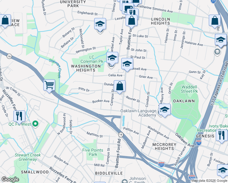 map of restaurants, bars, coffee shops, grocery stores, and more near 1204 Campus Street in Charlotte