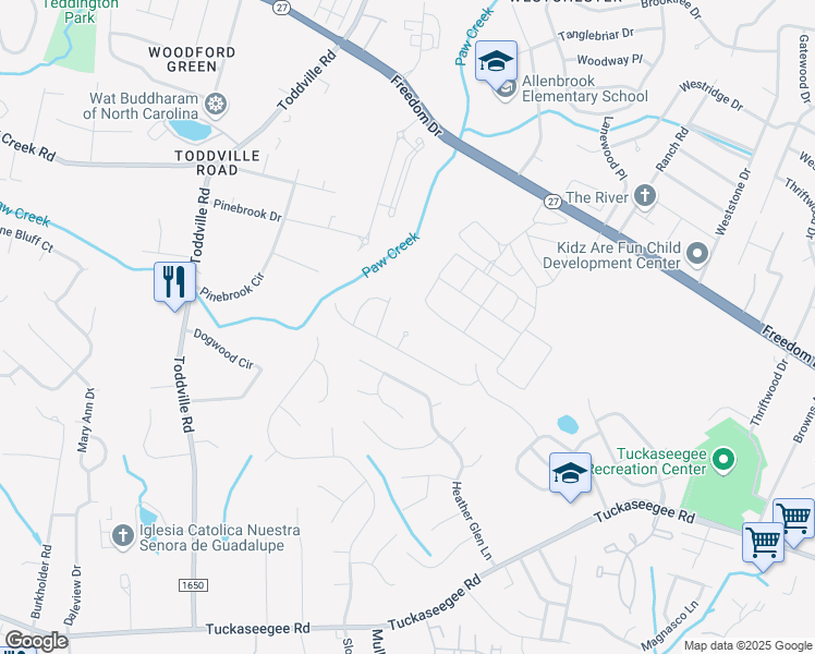map of restaurants, bars, coffee shops, grocery stores, and more near 2104 Cranberry Woods Court in Charlotte