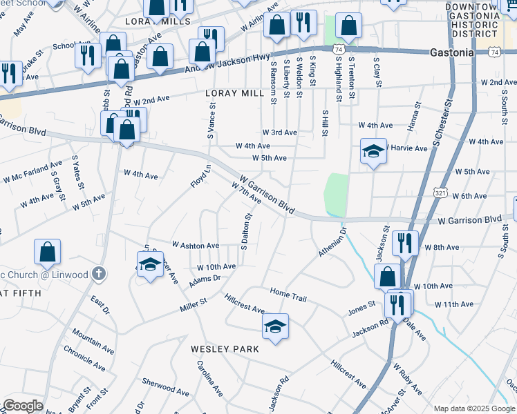 map of restaurants, bars, coffee shops, grocery stores, and more near 808 South Dalton Street in Gastonia