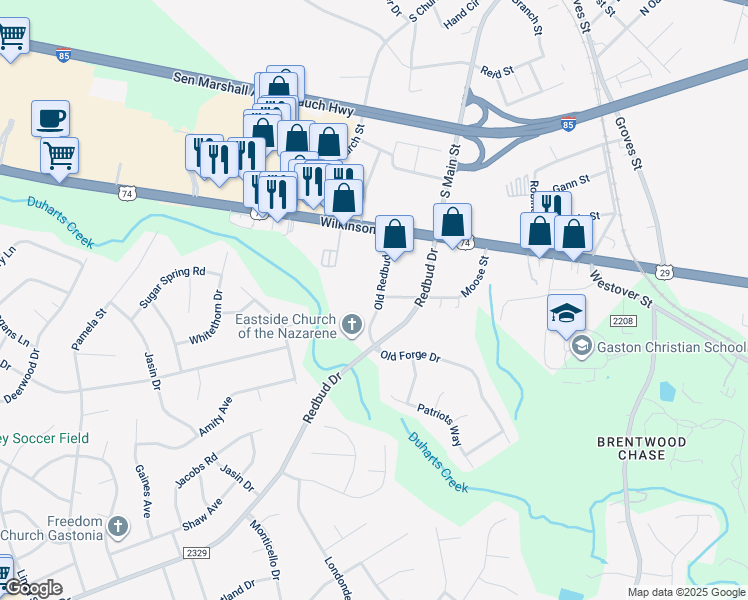 map of restaurants, bars, coffee shops, grocery stores, and more near 3523 Belt Drive in Gastonia