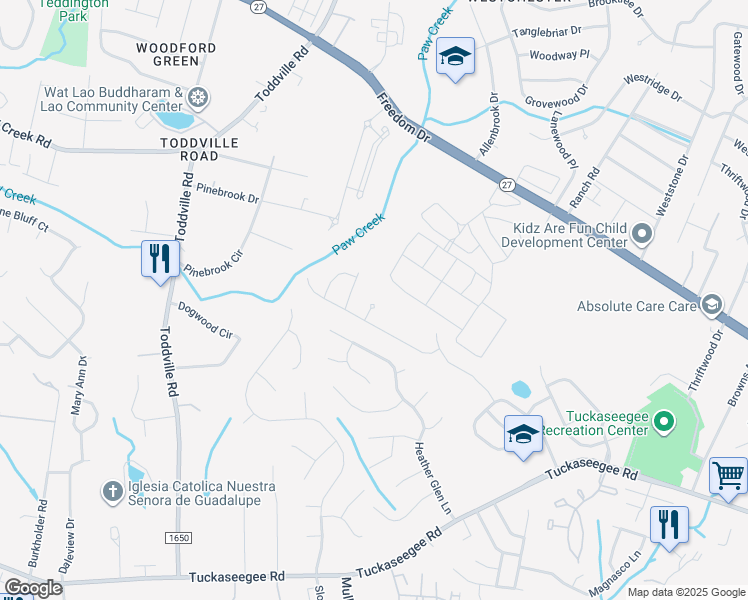 map of restaurants, bars, coffee shops, grocery stores, and more near 2104 Cranberry Woods Court in Charlotte