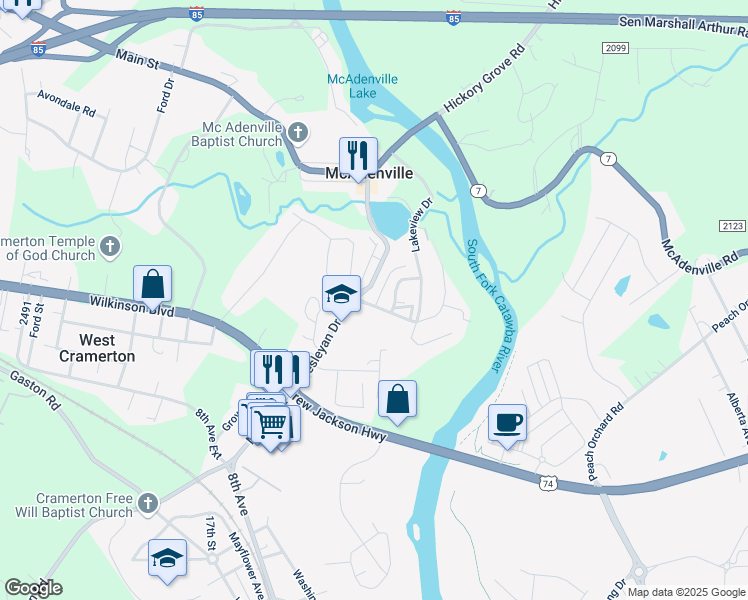 map of restaurants, bars, coffee shops, grocery stores, and more near 125 Church Street in McAdenville