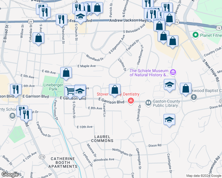 map of restaurants, bars, coffee shops, grocery stores, and more near 701 Peachtree Street in Gastonia