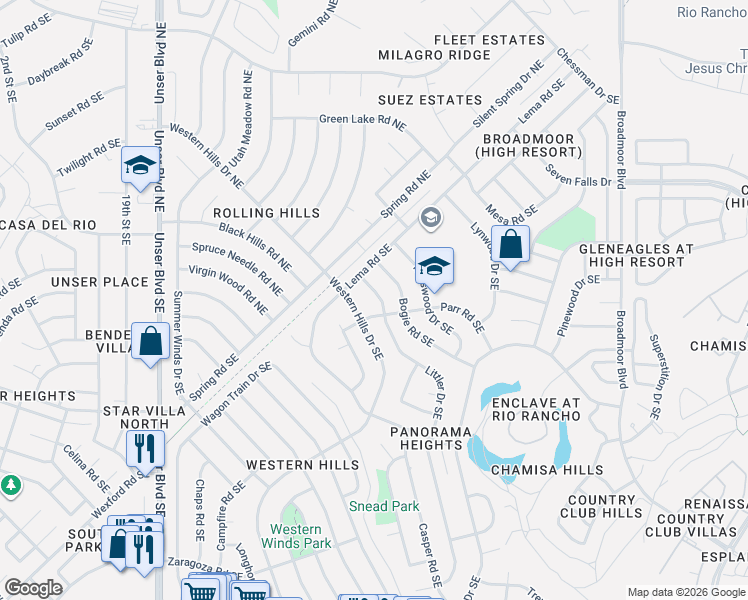 map of restaurants, bars, coffee shops, grocery stores, and more near 241 Littler Drive Southeast in Rio Rancho
