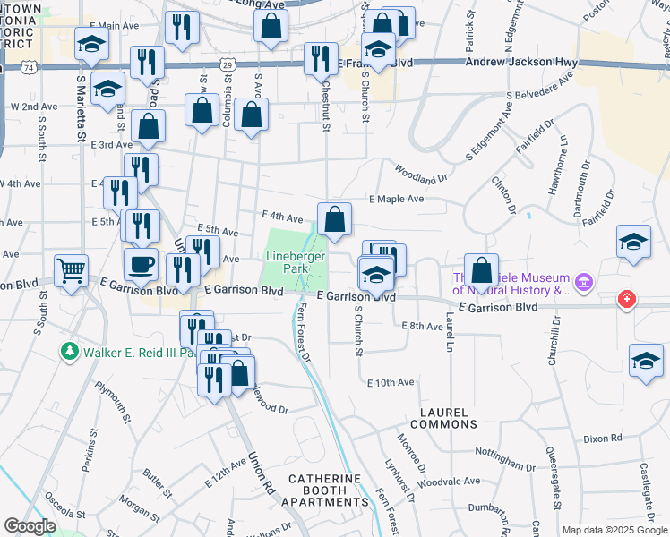 map of restaurants, bars, coffee shops, grocery stores, and more near 706 South Chestnut Street in Gastonia