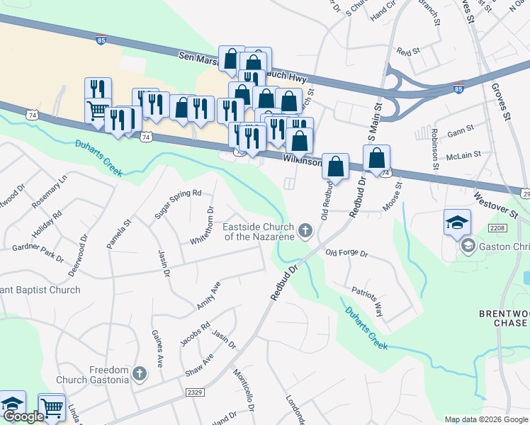 map of restaurants, bars, coffee shops, grocery stores, and more near 3898 Gardner Park Drive in Gastonia